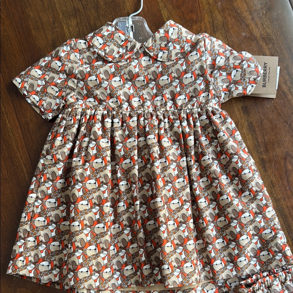 Burberry Baby Dress with Bear Pattern in Brown and Orange
